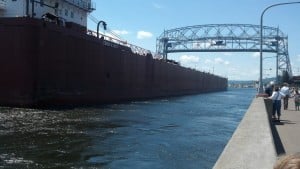 1000 foot ship going under the bridge in Duluth